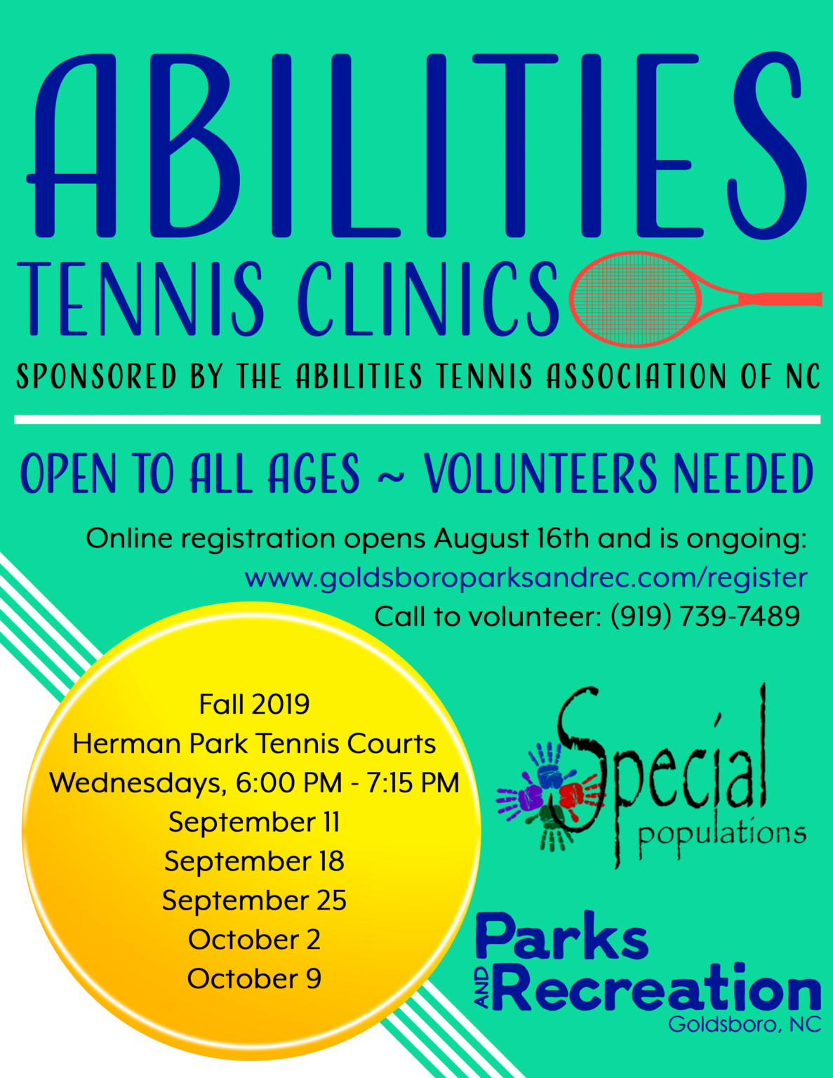 Abilities Tennis Clinics flyer requesting volunteers to teach special needs youth