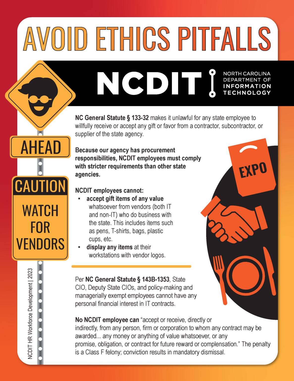 Infographic flyer on how to avoid common ethics pitfalls as an employee at NCDIT.