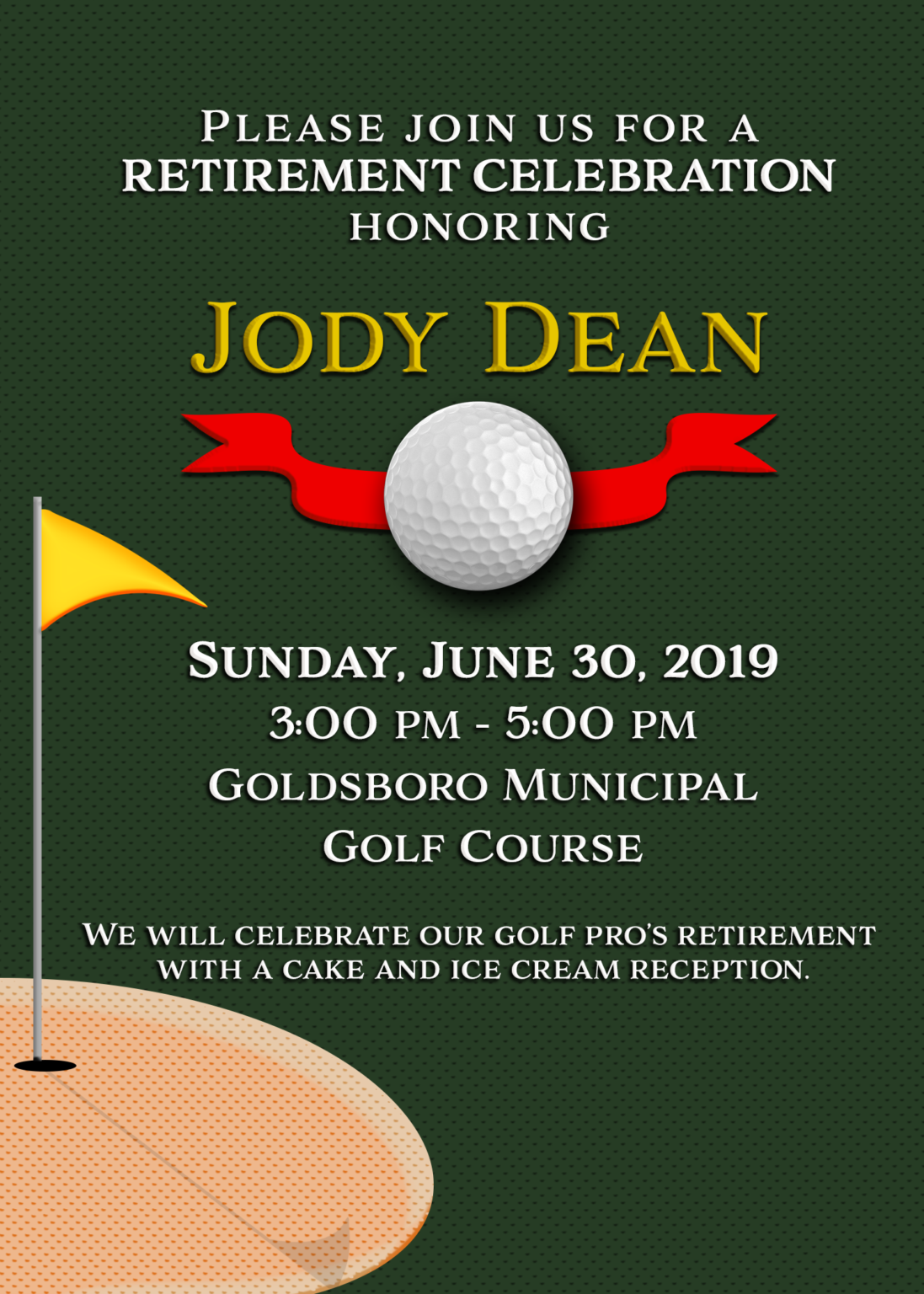 Invitation to retirement party for Golf pro Jody Dean.