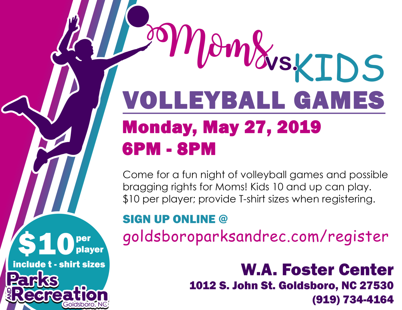 Flyer advertising Moms vs Kids volleyball games.